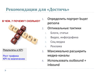 Рекомендации для «Достичь»
1. Определить портрет buyer
persona
2. Оптимальные тактики
1. Блоги, статьи
2. Видео, инфографика
3. Соц медиа
4. Реклама
3. Максимально расширить
медиа-каналы
4. Использовать outbound +
inbound
Результаты и KPI:
Рост трафика
KPI по вовлечению
В ЧЕМ..? ПОЧЕМУ? СКОЛЬКО?
 