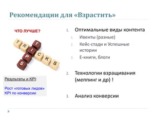 Рекомендации для «Взрастить»
1. Оптимальные виды контента
1. Ивенты (разные)
2. Кейс-стади и Успешные
истории
3. Е-книги, блоги
2. Технологии взращивания
(меппинг и др) !
3. Анализ конверсии
Результаты и KPI:
Рост «готовых лидов»
KPI по конверсии
ЧТО ЛУЧШЕ?
 