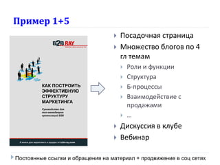 Пример 1+5
 Посадочная страница
 Множество блогов по 4
гл темам
 Роли и функции
 Структура
 Б-процессы
 Взаимодействие с
продажами
 …
 Дискуссия в клубе
 Вебинар
Постоянные ссылки и обращения на материал + продвижение в соц сетях
 