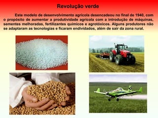 Revolução verde
Este modelo de desenvolvimento agrícola desencadeou no final de 1940, com
o propósito de aumentar a produtividade agrícola com a introdução de máquinas,
sementes melhoradas, fertilizantes químicos e agrotóxicos. Alguns produtores não
se adaptaram as tecnologias e ficaram endividados, além de sair da zona rural.
 