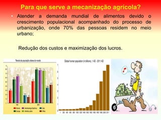 Para que serve a mecanização agrícola?
• Atender a demanda mundial de alimentos devido o
crescimento populacional acompanhado do processo de
urbanização, onde 70% das pessoas residem no meio
urbano;
• Redução dos custos e maximização dos lucros.
 
