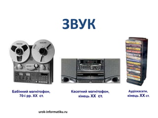 ЗВУК
Бабінний магнітофон,
70-і рр. XX ст.
Касетний магнітофон,
кінець XX ст.
Аудіокасети,
кінець XX ст.
urok-informatiku.ru
 