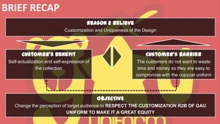 Reason 2 Believe
Customization and Uniqueness of the Design
Customer’s benefit
Self-actualization and self-expression of
the collection
BRIEF RECAP
Customer’s barrier
The customers do not want to waste
time and money so they are easy to
compromise with the copycat uniform
OBJECTIVE
Change the perception of target audience to RESPECT THE CUSTOMIZATION R2B OF GAU
UNIFORM TO MAKE IT A GREAT EQUITY
 