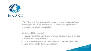 EOC (Eficiencia Operacional Continua) constituye la plataforma
tecnológica de QUANTUM DATA SYSTEMS para la gestión de
procesos, iniciativas y proyectos.
Mediante EOC es posible:
• La gobernabilidad y el seguimiento de las mejoras y procesos
al interior de la organización
• Enfocar los esfuerzos administrativos y operacionales a a la
mejora permanente de la organización.
.
 