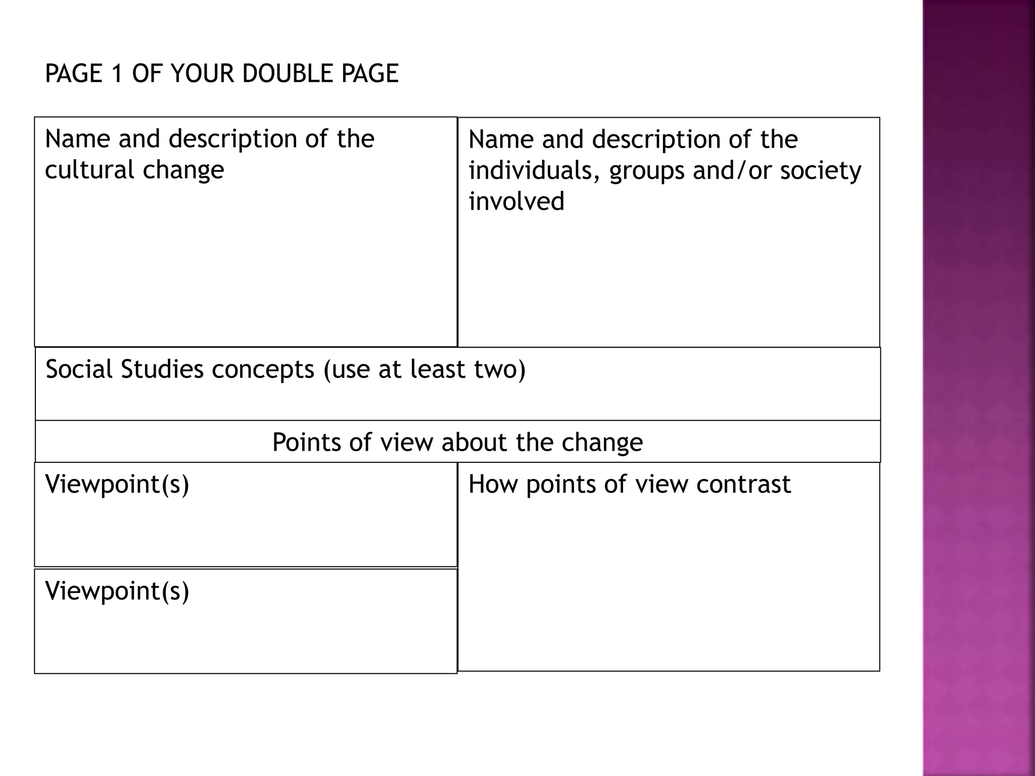Name and description of the
cultural change
Name and description of the
individuals, groups and/or society
involved
Social Studies concepts (use at least two)
Viewpoint(s) How points of view contrast
Points of view about the change
Viewpoint(s)
PAGE 1 OF YOUR DOUBLE PAGE
 