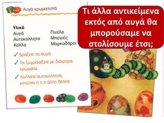 Τι είδουσ
κειμζνου ζχουμε;
Μιπωσ είναι
παραμφκι;
Σε τι χρθςιμεφει;
Θα μποροφςαμε
να φτιάξουμε
αυτό που λζει;
Τι άλλα αντικείμενα
εκτόσ από αυγά κα
μποροφςαμε να
ςτολίςουμε ζτςι;
 