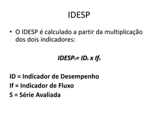 IDESP
• O IDESP é calculado a partir da multiplicação
dos dois indicadores:
IDESPs= IDs x Ifs
ID = Indicador de Desempenho
If = Indicador de Fluxo
S = Série Avaliada
 