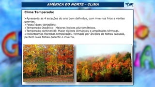 AMÉRICA DO NORTE – CLIMA 
Clima Temperado:
Apresenta as 4 estações do ano bem definidas, com invernos frios e verões
quentes.
Possuí duas variações:
Temperado Oceânico: Maiores índices pluviométricos.
Temperado continental: Maior rigores climáticos e amplitudes térmicas.
Encontramos florestas temperadas, formada por árvores de folhas caducas,
perdem suas folhas durante o inverno.
 