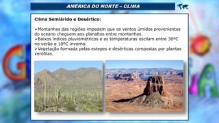 AMÉRICA DO NORTE – CLIMA 
Clima Semiárido e Desértico:
Montanhas das regiões impedem que os ventos úmidos provenientes
do oceano cheguem aos planaltos entre montanhas.
Baixos índices pluviométricos e as temperaturas oscilam entre 30ºC
no verão e 10ºC inverno.
Vegetação formada pelas estepes e desérticas compostas por plantas
xerófilas.
 
