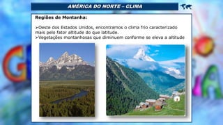 AMÉRICA DO NORTE – CLIMA 
Regiões de Montanha:
Oeste dos Estados Unidos, encontramos o clima frio caracterizado
mais pelo fator altitude do que latitude.
Vegetações montanhosas que diminuem conforme se eleva a altitude
 