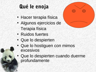 Qué le enoja
• Hacer terapia física
• Algunos ejercicios de
Terapia física
• Ruidos fuertes
• Que lo despierten
• Que lo hostiguen con mimos
excesivos
• Que lo despierten cuando duerme
profundamente
 