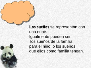 Los sueñosLos sueños se representan con
una nube.
Igualmente pueden ser
los sueños de la familia
para el niño, o los sueños
que ellos como familia tengan.
 