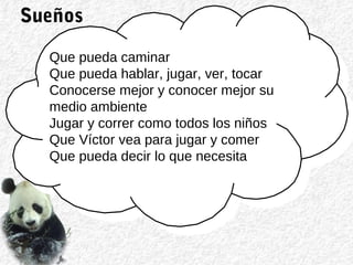 Sueños
Que pueda caminar
Que pueda hablar, jugar, ver, tocar
Conocerse mejor y conocer mejor su
medio ambiente
Jugar y correr como todos los niños
Que Víctor vea para jugar y comer
Que pueda decir lo que necesita
 
