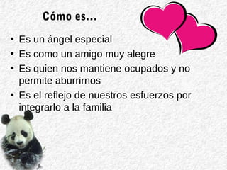 Cómo es…
• Es un ángel especial
• Es como un amigo muy alegre
• Es quien nos mantiene ocupados y no
permite aburrirnos
• Es el reflejo de nuestros esfuerzos por
integrarlo a la familia
 