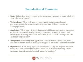 Foundational Elements
• Data: What data sources need to be integrated in order to have a holistic
view of the customer?
• Technology: What technology tools enable data from different
environments to be shared and integrated into different customer
facing systems?
• Analytics: What analytic techniques and skills are required at each step
of the process to efficiently identify customer’s emotions, intent and
behaviors? How to predict the “next best product offer” to improve the
customer experience?
• Integrated Marketing Management: How do I utilize “hot” lists, new
sources of information and analytic insights to accelerate speed to market?
• Operations: How do I prepare my customer facing employees with the
tools, data and training to support business initiatives that impact the
customer experience and overall business strategy?
 