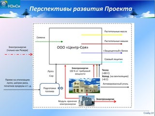 Перспективы развития Проекта
Растительные масла
Растительные жмыхи
Соевый лецитин
«Защищенный» белок
Семена
Сор
Лузга
Электроэнергия
Электроэнергия
100 % от требуемой
мощности
Тепло
(+80 С)
Холод (на вентиляцию)
(+8 С)
Активированный уголь
Подготовка
топлива
Прием на утилизацию
лузги, шелухи риса,
початков кукурузы и т. д.
Модуль хранения
электроэнергии
Слайд 14
Электроэнергия
(только как Резерв)
 
