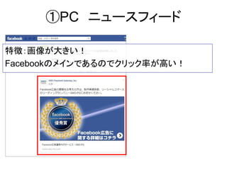 ①PC ニュースフィード
特徴：画像が大きい！
Facebookのメインであるのでクリック率が高い！
 