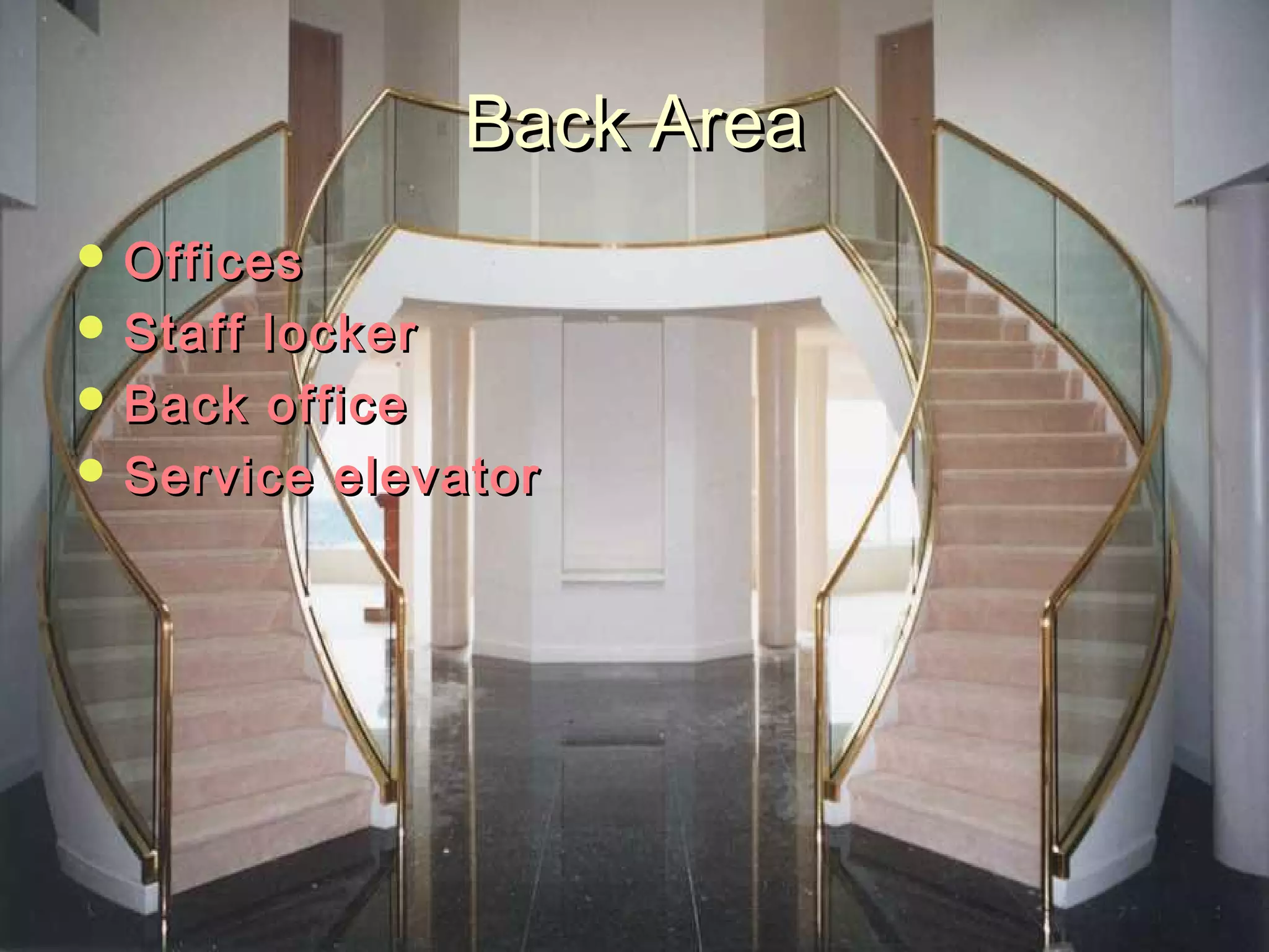Back AreaBack Area
 OfficesOffices
 Staff lockerStaff locker
 Back officeBack office
 Service elevatorService elevator
 