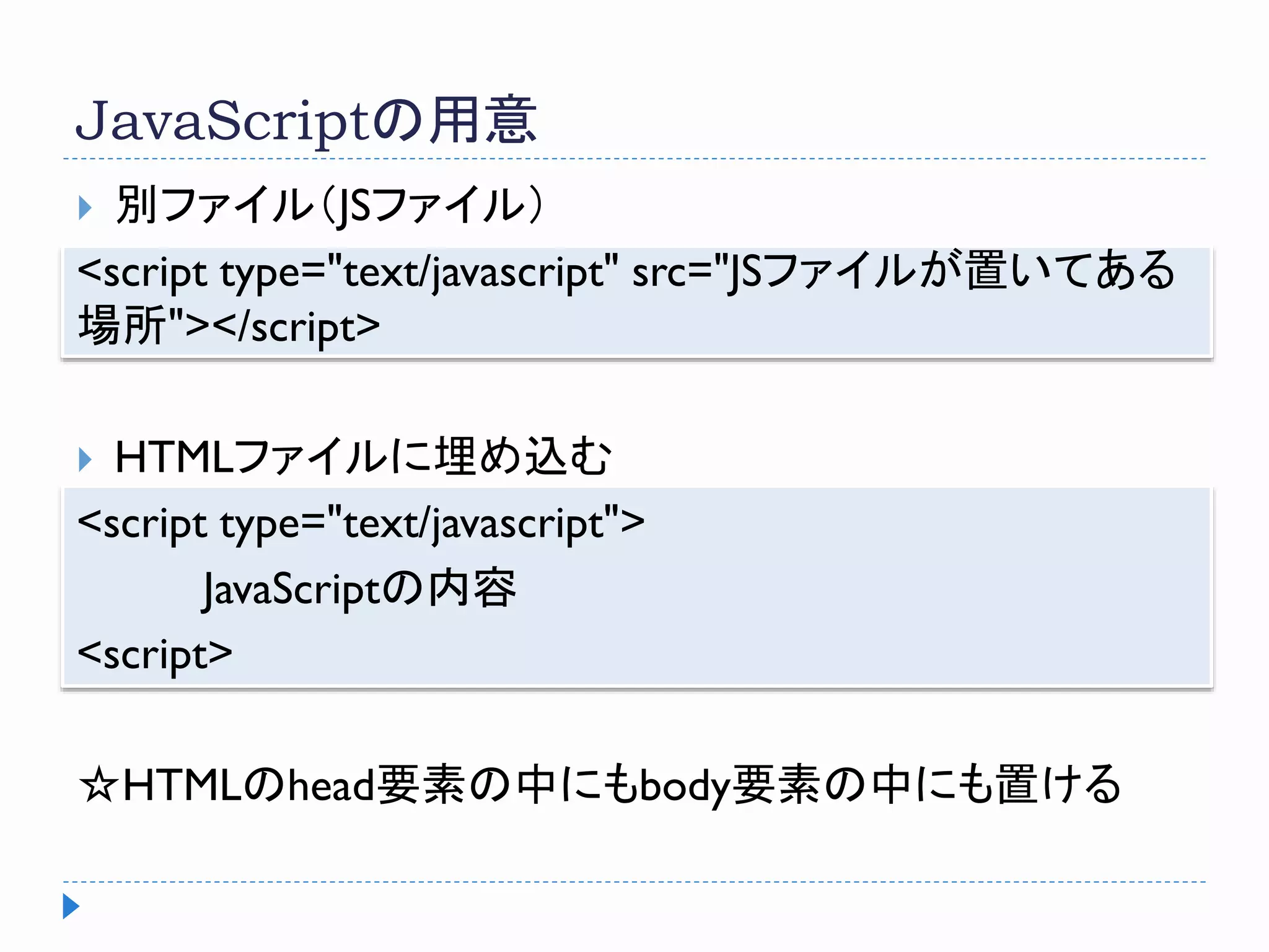 JavaScriptの用意
 別ファイル（JSファイル）
<script type="text/javascript" src="JSファイルが置いてある
場所"></script>
 HTMLファイルに埋め込む
<script type="text/javascript">
JavaScriptの内容
<script>
☆HTMLのhead要素の中にもbody要素の中にも置ける
 