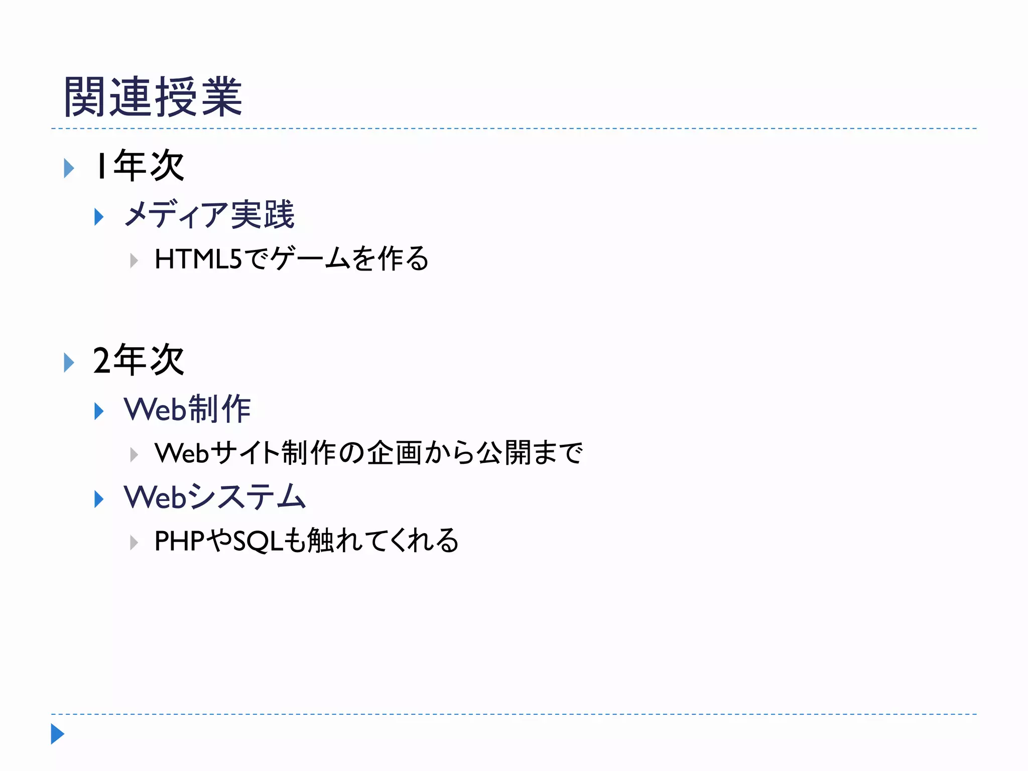 関連授業
 1年次
 メディア実践
 HTML5でゲームを作る
 2年次
 Web制作
 Webサイト制作の企画から公開まで
 Webシステム
 PHPやSQLも触れてくれる
 
