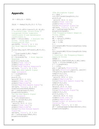 10
Appendix
M = 4001;fs = 8000;
[B,A] = cheby2(4,20,[0.1 0.7]);
Hd = dfilt.df2t([zeros(1,6) B],A);
% Discrete-time, direct-form II
transposed filter numerator
coefficients B and denominator
coefficients A.
hFVT = fvtool(Hd); % Analyze the
filter using Open Filter
Visualization Tool
set(hFVT, 'Color', [1 1 1])
%he Room Impulse Response
H =
filter(Hd,log(0.99*rand(1,M)+0.01).
* ...
sign(randn(1,M)).*exp(-
0.002*(1:M)));
H = H/norm(H)*4; % Room Impulse
Response
plot(0:1/fs:0.5,H)
xlabel('Time [sec]')
ylabel('Amplitude')
title('Room Impulse Response')
set(gcf, 'Color', [1 1 1])
%The Near-End Speech Signal
load nearspeech
n = 1:length(v);
t = n/fs;
plot(t,v);
axis([0 33.5 -1 1]);
xlabel('Time [sec]');
ylabel('Amplitude');
title('Near-End Speech Signal');
set(gcf, 'Color', [1 1 1])
x=wavrecord(16000,8000);
p8 = audioplayer(v,fs);
playblocking(p8);
%he Far-End Speech Signal
load farspeech
x = x(1:length(x));
dhat = filter(H,1,x);
plot(t,dhat);
axis([0 33.5 -1 1]);
xlabel('Time [sec]');
ylabel('Amplitude');
title('Far-End Echoed Speech
Signal');
set(gcf, 'Color', [1 1 1])
p8 = audioplayer(dhat,fs);
playblocking(p8);
%The Microphone Signal
d = dhat +
v+0.001*randn(length(v),1);
plot(t,d)
axis([0 33.5 -1 1]);
xlabel('Time [sec]');
ylabel('Amplitude');
title('Microphone Signal');
set(gcf, 'Color', [1 1 1])
p8 = audioplayer(d,fs);
playblocking(p8);
%the Frequency-Domain Adaptive
Filter (FDAF)
mu = 0.025;
W0 = zeros(1,2048);
del = 0.01;
lam = 0.98;
x =
x(1:length(W0)*floor(length(x)/leng
th(W0)));
d =
d(1:length(W0)*floor(length(d)/leng
th(W0)));
% Construct the Frequency-Domain
Adaptive Filter
hFDAF =
adaptfilt.fdaf(2048,mu,1,del,lam);
[y,e] = filter(hFDAF,x,d);
n = 1:length(e);
t = n/fs;
pos = get(gcf,'Position');
set(gcf,'Position',[pos(1), pos(2)-
100,pos(3),(pos(4)+85)])
subplot(3,1,1);
plot(t,v(n),'g')
axis([0 33.5 -1 1]);
ylabel('Amplitude');
title('Near-End Speech Signal');
subplot(3,1,2);
plot(t,d(n),'b');
axis([0 33.5 -1 1]);
ylabel('Amplitude');
title('Microphone Signal');
subplot(3,1,3);
plot(t,e(n),'r')
axis([0 33.5 -1 1]);
xlabel('Time [sec]');
ylabel('Amplitude');
title('Output of Acoustic Echo
Canceller');
set(gcf, 'Color', [1 1 1])
p8 = audioplayer(e/max(abs(e)),fs);
playblocking(p8);
 