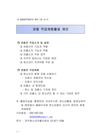 | 드림터 운영메뉴얼32
일일업무제안서 예시 표(◎ Ⅲ-1)
경찰관 직업소개 및 설명
경찰서의 기능과 역할
파출소의 기능과 역할
파출소의 주된 업무
지역의 일어나는 다양한 범죄
청소년이 지켜야할 주된 일
경찰관 직업체험
청소년과 함께 조별 순찰하기
순찰시 경찰관이 하는일-
순찰시 유의사항-
파출소 내 환경미화
청소 및 파출소 기자재 정리-
기타 파출소 내 청소년이 할 수 있는 가벼운 업무
활동모습을 촬영하여 보내주시면 청소년활동 동영상제작※
및 경찰서 홈페이지에 청소년들의 감사의 편지와 함께00
게재예정
사진발송 : 000-000-000
0000000@hanmail.net
문의 관악청소년자활지원관: 02-871-1598
경찰 직업체험활동 제안
 