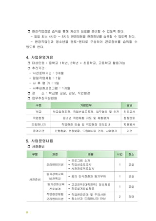 | 드림터 운영메뉴얼6
현장직업정보 습득을 통해 자신의 진로를 준비할 수 있도록 한다.
일일 최소 시간 시간 현장체험을 현장정보를 습득할 수 있도록 한다- 4 ~ 8 .
현장직업인과 청소년을 멘토 멘티로 구성하여 진로정보를 습득할 수- -
있도록 한다.
사업운영개요4.
대상인원 중학교 학년 학년 초등학교 고등학교 활용가능: 1 , 2 * ,
추진기간
사전준비기간 개월- : 3
일일직업체험 일- : 1
사 후 평 가 일- : 1
사후심화프로그램 개월- : 1
장 소 학급별 교실 강당 직업현장: , ,
업무추진구성인원
사업운영내용5.
사전준비
구분 과정 내용 시간 장소
사전준비
오리엔테이션
프로그램 소개
직업선호도조사
사전진로척도검사
1 교실
동기강화교육
비전특강
꿈의 인식전환과 동기부여 1 교실
동기강화교육
진로설계
고교진학 대학진학 정보제공( )
진로설계방법제공
1 교실
직업현장체험
오리엔테이션
직업현장공개 및 주의사항
청소년과 드림매니저 만남
2 강당
구분 기본업무 담당
학교 학교일정조정 직업선호도통계 업무협의 및 추진, , 진로교사
직업현장 청소년 직업체험 지도 및 체험평가 현장멘토
드림매니저 직업현장 인솔 및 직업현장 정보안내 자원봉사
중계기관 진행총괄 현장발굴 드림매니저 관리 사업평가, , , 기관
 