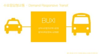 수요응답형교통 – Demand Responsive Transit
(출처 :대중교통 소외지역, 수요응답형 교통(DRT)으로 해결, 대구경북연구원 )
BUXI
상하사리합덕리택시운영
합덕리죽장면버스운행중
 