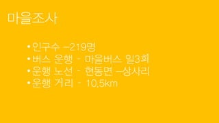 마을조사
• 인구수 -219명
• 버스 운행 – 마을버스 일3회
• 운행 노선 – 현동면 -상사리
• 운행 거리 – 10.5km
 