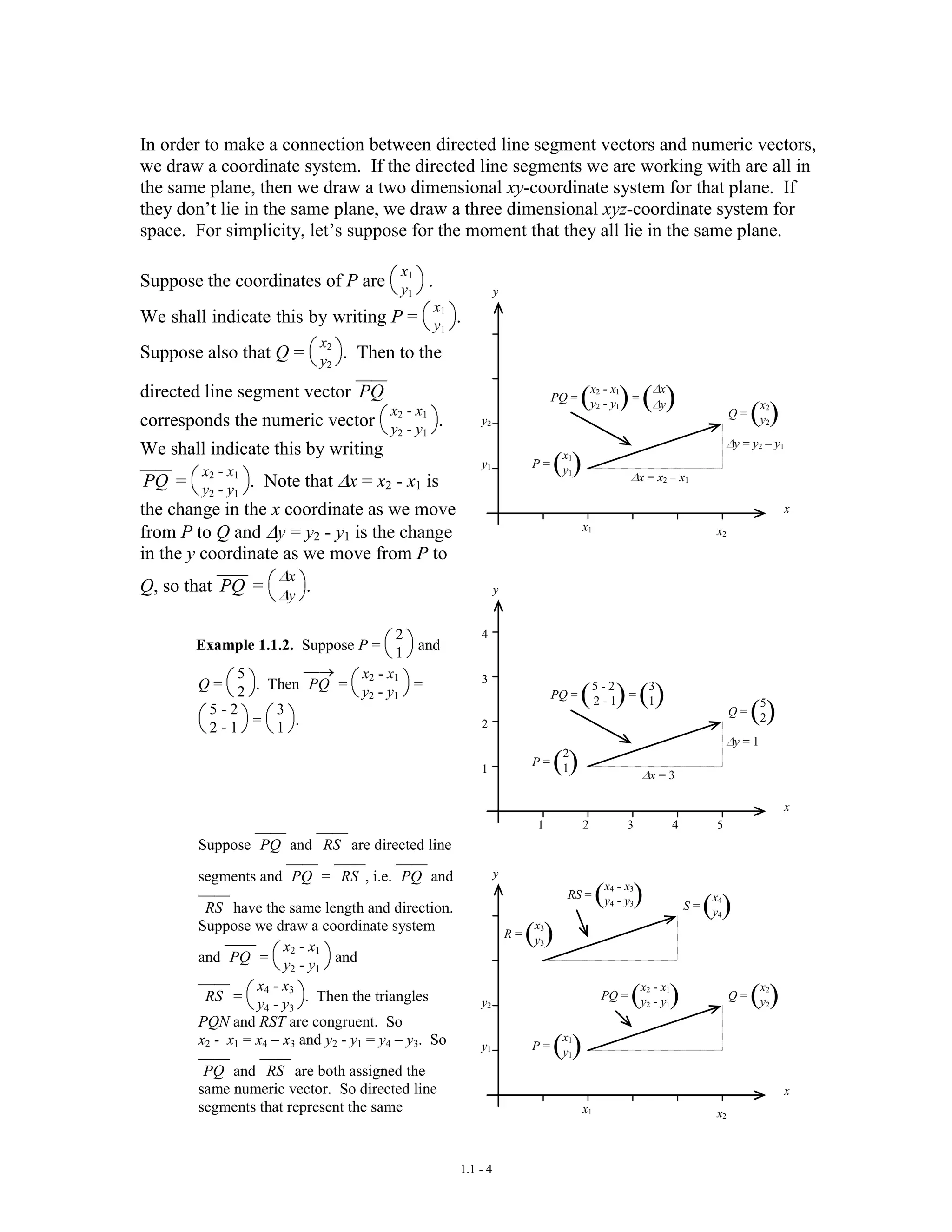 1.1 - 4
In order to make a connection between directed line segment vectors and numeric vectors,
we draw a coordinate system. If the directed line segments we are working with are all in
the same plane, then we draw a two dimensional xy-coordinate system for that plane. If
they don’t lie in the same plane, we draw a three dimensional xyz-coordinate system for
space. For simplicity, let’s suppose for the moment that they all lie in the same plane.
Suppose the coordinates of P are
x1
y1
.
We shall indicate this by writing P =
x1
y1
.
Suppose also that Q =
x2
y2
. Then to the
directed line segment vector PQ
corresponds the numeric vector
x2 - x1
y2 - y1
.
We shall indicate this by writing
PQ =
x2 - x1
y2 - y1
. Note that x = x2 - x1 is
the change in the x coordinate as we move
from P to Q and y = y2 - y1 is the change
in the y coordinate as we move from P to
Q, so that PQ =
x
y
.
Example 1.1.2. Suppose P =
2
1 and
Q =
5
2 . Then PQ =
x2 - x1
y2 - y1
=
5 - 2
2 - 1 =
3
1 .
Suppose PQ and RS are directed line
segments and PQ = RS , i.e. PQ and
RS have the same length and direction.
Suppose we draw a coordinate system
and PQ =
x2 - x1
y2 - y1
and
RS =
x4 - x3
y4 - y3
. Then the triangles
PQN and RST are congruent. So
x2 - x1 = x4 – x3 and y2 - y1 = y4 – y3. So
PQ and RS are both assigned the
same numeric vector. So directed line
segments that represent the same
P = ( )x1
y1
x
y
x1
x = x2 – x1
x2
y1
y2
PQ = ( )x2 - x1
y2 - y1
= ( )x
y
Q = ( )x2
y2
y = y2 – y1
P = ( )2
1
x
y
1
x = 3
PQ = ( )5 - 2
2 - 1 = ( )3
1
Q = ( )5
2
y = 1
2
1
2
3
3
4
4 5
x
y
x1 x2
y1
y2
P = ( )x1
y1
PQ = ( )x2 - x1
y2 - y1
Q = ( )x2
y2
R = ( )x3
y3
RS = ( )x4 - x3
y4 - y3 S = ( )x4
y4
 