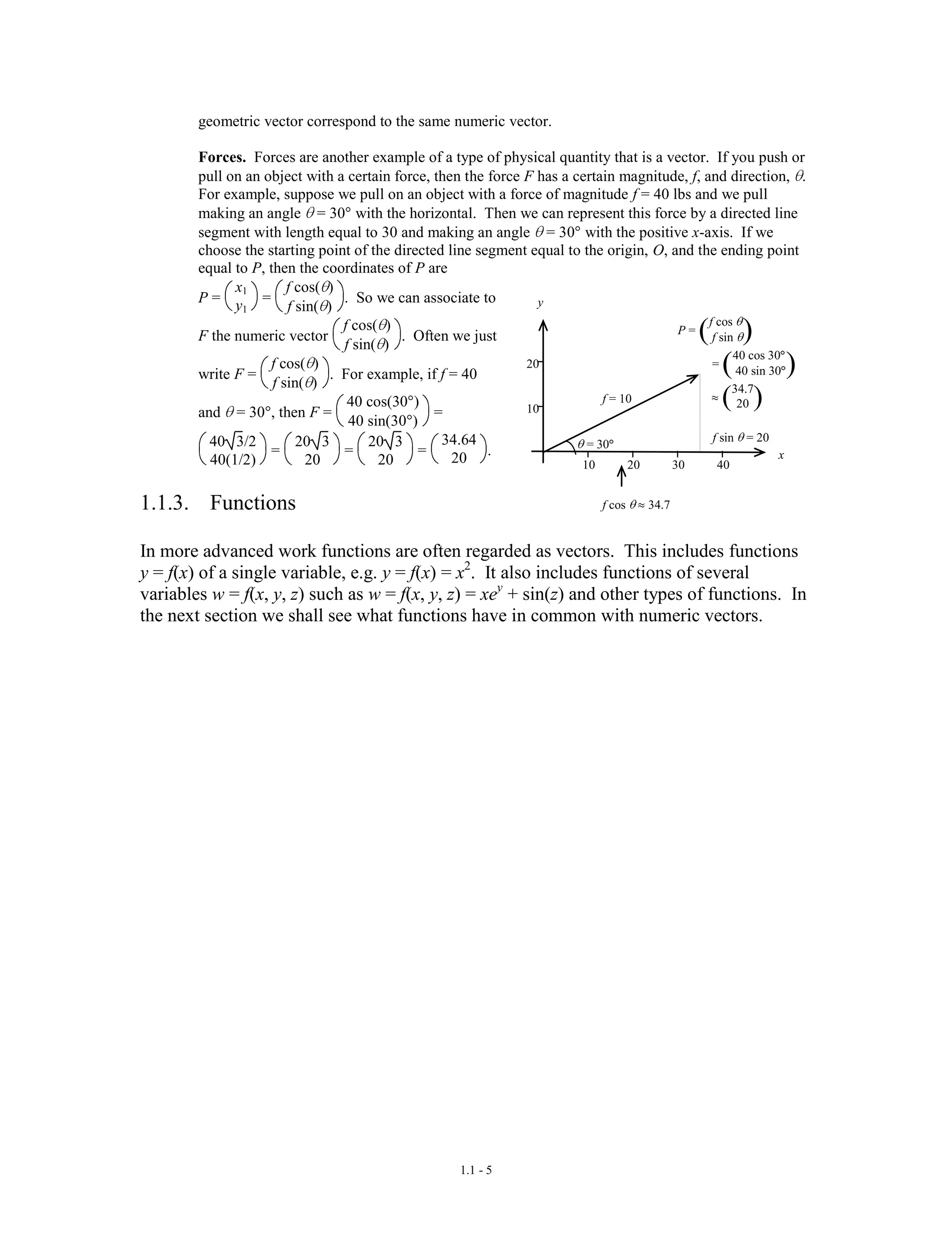 1.1 - 5
geometric vector correspond to the same numeric vector.
Forces. Forces are another example of a type of physical quantity that is a vector. If you push or
pull on an object with a certain force, then the force F has a certain magnitude, f, and direction, .
For example, suppose we pull on an object with a force of magnitude f = 40 lbs and we pull
making an angle = 30 with the horizontal. Then we can represent this force by a directed line
segment with length equal to 30 and making an angle = 30 with the positive x-axis. If we
choose the starting point of the directed line segment equal to the origin, O, and the ending point
equal to P, then the coordinates of P are
P =
x1
y1
=
f cos( )
f sin( )
. So we can associate to
F the numeric vector
f cos( )
f sin( )
. Often we just
write F =
f cos( )
f sin( )
. For example, if f = 40
and = 30 , then F =
40 cos(30 )
40 sin(30 )
=
40 3/2
40(1/2)
=
20 3
20
=
20 3
20
=
34.64
20 .
1.1.3. Functions
In more advanced work functions are often regarded as vectors. This includes functions
y = f(x) of a single variable, e.g. y = f(x) = x2
. It also includes functions of several
variables w = f(x, y, z) such as w = f(x, y, z) = xey
+ sin(z) and other types of functions. In
the next section we shall see what functions have in common with numeric vectors.
P = ( )f cos
f sin
= ( )40 cos 30
40 sin 30
( )34.7
20
= 30
x
y
10
f cos 34.7
f = 10
20
10
20
30 40
f sin = 20
 