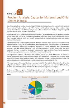 6
CHAPTER
Problem Analysis: Causes for Maternal and Child
Deaths in India
Considering the large number of maternal and child deaths taking place in the country, it is important
to understand why these deaths occur. This chapter provides a brief overview of the most common
causes for maternal and child mortality in India. The analysis forms the basis for planning and
identification of thrust areas for intervention.
Maternal mortality is a key indicator for maternal health and reveals inequalities between and also
within states that cannot be attributed to biological differences alone. Maternal mortality results
from multiple reasons, which can broadly be classified as medical, socio-economic and health
system-related factors.
The medical causes can be direct or indirect. The most common direct medical causes of maternal
death as per SRS (2001–03) are haemorrhage, mainly postpartum (37%), sepsis because of infection
during pregnancy, labour and postpartum period (11%), unsafe abortions (8%), hypertensive
disorders (5%) and obstructed labour (5%). These conditions are largely preventable and once
detected, they are treatable. A significant proportion of maternal deaths are also attributed to
‘indirect causes’, the most common of which are anaemia and malaria.
Among children who die before their ﬁfth birthday, almost one third of them die of infectious
causes, nearly all of which are preventable. As per WHO-CHERG 2012 estimates, the causes of child
mortality in the age group 0–5 years in India are (a) neonatal causes (52%), (b) pneumonia (15%), (c)
diarrhoeal disease (11%), (d) measles (3%), (e) injuries (4%) and (f) others (15%).
The major causes of neonatal deaths are prematurity (18%), that is, birth of a child before 37 weeks
of gestation, infections (16%) such as pneumonia and septicaemia and asphyxia (10%), that is,
inability to establish breathing immediately after birth and congenital causes (5%).
Preterm birth has emerged as the leading cause of neonatal death, underlying the need for rapid
scale-up of maternal health interventions in order to improve neonatal health outcomes.
Figure 1
*Intrapartum-related events **Sepsis/meningitis/tetanusSource: WHO/CHERG 2012
Pneumonia
15% 8%
Preterm
18%
Other 12%
HIV/ AIDS 0%
Malaria 0%
Injuries 4%
Meningitis 2%
Measles 3%
11% 1%
Asphyxia* 10%
Sepsis** 8%
Other 2%
Congenital 5%
Diarrhoea
Neonatal
deaths: 52%
Globally more than
one third of child
deaths are attributable
to under nutrition
Causes of under-five child deaths in India, 2010
3
 