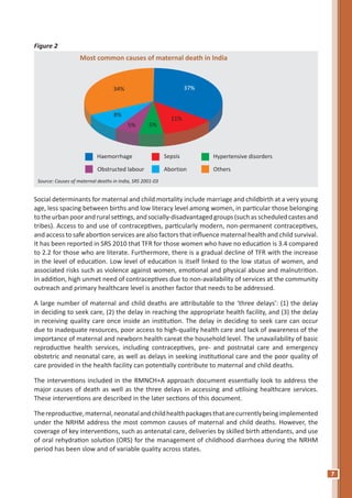 7
Figure 2
Social determinants for maternal and child mortality include marriage and childbirth at a very young
age, less spacing between births and low literacy level among women, in particular those belonging
totheurbanpoorandruralsettings,andsocially-disadvantagedgroups(suchasscheduledcastesand
tribes). Access to and use of contraceptives, particularly modern, non-permanent contraceptives,
and access to safe abortion services are also factors that influence maternal health and child survival.
It has been reported in SRS 2010 that TFR for those women who have no education is 3.4 compared
to 2.2 for those who are literate. Furthermore, there is a gradual decline of TFR with the increase
in the level of education. Low level of education is itself linked to the low status of women, and
associated risks such as violence against women, emotional and physical abuse and malnutrition.
In addition, high unmet need of contraceptives due to non-availability of services at the community
outreach and primary healthcare level is another factor that needs to be addressed.
A large number of maternal and child deaths are attributable to the ‘three delays’: (1) the delay
in deciding to seek care, (2) the delay in reaching the appropriate health facility, and (3) the delay
in receiving quality care once inside an institution. The delay in deciding to seek care can occur
due to inadequate resources, poor access to high-quality health care and lack of awareness of the
importance of maternal and newborn health careat the household level. The unavailability of basic
reproductive health services, including contraceptives, pre- and postnatal care and emergency
obstetric and neonatal care, as well as delays in seeking institutional care and the poor quality of
care provided in the health facility can potentially contribute to maternal and child deaths.
The interventions included in the RMNCH+A approach document essentially look to address the
major causes of death as well as the three delays in accessing and utilising healthcare services.
These interventions are described in the later sections of this document.
Thereproductive,maternal,neonatalandchildhealthpackagesthatarecurrentlybeingimplemented
under the NRHM address the most common causes of maternal and child deaths. However, the
coverage of key interventions, such as antenatal care, deliveries by skilled birth attendants, and use
of oral rehydration solution (ORS) for the management of childhood diarrhoea during the NRHM
period has been slow and of variable quality across states.
Most common causes of maternal death in India
34% 37%
11%
5%5%
8%
Haemorrhage Hypertensive disordersSepsis
AbortionObstructed labour Others
Source: Causes of maternal deaths in India, SRS 2001-03
 