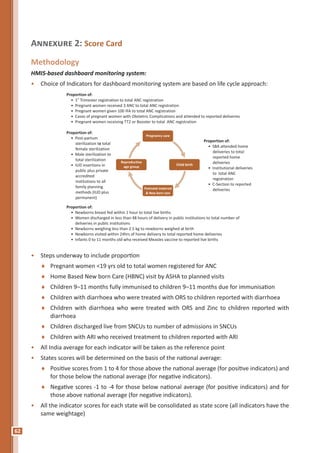 62
Annexure 2: Score Card
Methodology
HMIS-based dashboard monitoring system:
•	 Choice of Indicators for dashboard monitoring system are based on life cycle approach:
•	 Steps underway to include proportion
♦♦ ­Pregnant women <19 yrs old to total women registered for ANC
♦♦ Home Based New born Care (HBNC) visit by ASHA to planned visits
♦♦ Children 9–11 months fully immunised to children 9–11 months due for immunisation
♦♦ Children with diarrhoea who were treated with ORS to children reported with diarrhoea
♦♦ Children with diarrhoea who were treated with ORS and Zinc to children reported with
diarrhoea
♦♦ Children discharged live from SNCUs to number of admissions in SNCUs
♦♦ Children with ARI who received treatment to children reported with ARI
•	 All India average for each indicator will be taken as the reference point
•	 States scores will be determined on the basis of the national average:
♦♦ ­Positive scores from 1 to 4 for those above the national average (for positive indicators) and
for those below the national average (for negative indicators).
♦♦ Negative scores -1 to -4 for those below national average (for positive indicators) and for
those above national average (for negative indicators).
•	 All the indicator scores for each state will be consolidated as state score (all indicators have the
same weightage)
Proportion of:
•
•
•
•
•
1 Trimester registration to total ANC registration
Pregnant women received 3 ANC to total ANC registration
Pregnant women given 100 IFA to total ANC registration
Cases of pregnant women with Obstetric Complications and attended to reported deliveries
Pregnant women receiving TT2 or Booster to total ANC registration
st
Proportion of:
•
•
•
Post-partum
sterilization t total
female sterilization
o
Male sterilization to
total sterilization
IUD insertions in
public plus private
accredited
institutions to all
family planning
methods (IUD plus
permanent)
Proportion of:
•
•
•
SBA attended home
deliveries to total
reported home
deliveries
Institutional deliveries
to total ANC
registration
C-Section to reported
deliveries
Proportion of:
•
•
•
•
•
Newborns breast fed within 1 hour to total live births
Women discharged in less than 48 hours of delivery in public institutions to total number of
deliveries in public institutions
Newborns weighing less than 2.5 kg to newborns weighed at birth
Newborns visited within 24hrs of home delivery to total reported home deliveries
Infants 0 to 11 months old who received Measles vaccine to reported live births
Reproductive
age group
Pregnancy care
Child birth
Postnatal maternal
& New born care
 