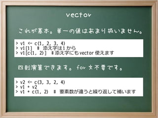vector
これが基本。単一の値はあまり扱いません。
四則演算できます。 for 文不要です。
> v1 <- c(1, 2, 3, 4)
> v1[1] # 添え字は 1 から
> v1[c(1, 2)] # 添え字にも vector 使えます
> v2 <- c(3, 3, 2, 4)
> v1 + v2
> v1 + c(1, 2) # 要素数が違うと繰り返して補います
 