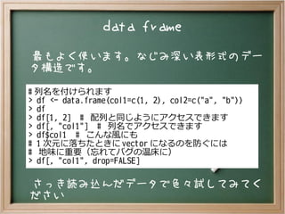data frame
最もよく使います。なじみ深い表形式のデー
タ構造です。
さっき読み込んだデータで色々試してみてく
ださい
# 列名を付けられます
> df <- data.frame(col1=c(1, 2), col2=c("a", "b"))
> df
> df[1, 2] # 配列と同じようにアクセスできます
> df[, "col1"] # 列名でアクセスできます
> df$col1 # こんな風にも
# 1 次元に落ちたときに vector になるのを防ぐには
# 地味に重要（忘れてバグの温床に）
> df[, "col1", drop=FALSE]
 