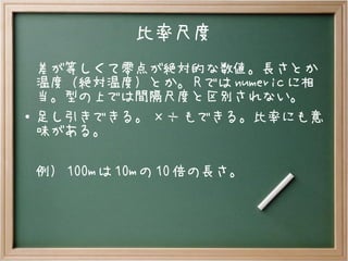 比率尺度
差が等しくて零点が絶対的な数値。長さとか
温度（絶対温度）とか。 R では numeric に相
当。型の上では間隔尺度と区別されない。
● 足し引きできる。 ×÷ もできる。比率にも意
味がある。
例） 100m は 10m の 10 倍の長さ。
 