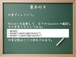 基本のキ
作業ディレクトリ。
RStudio を起動して、左下の Console で確認し
たり変更したりしてみる。
作業状態はここに保存されます。
> getwd()
> setwd("~/workingdirectory")
> setwd("~workingdirectory")
 