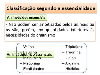 Classificação segundo a essencialidade
Aminoácidos essenciais
Aminoácidos não essenciais
- Não podem ser sintetizados pelos animais ou
os são, porém, em quantidades inferiores às
necessidades do organismo
– Valina
– Leucina
– Isoleucina
– Metionina
– Fenilalanina
– Triptofano
– Treonina
– Lisina
– Arginina
– Histidina
 
