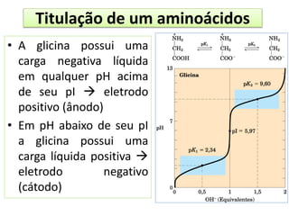 • A glicina possui uma
carga negativa líquida
em qualquer pH acima
de seu pI  eletrodo
positivo (ânodo)
• Em pH abaixo de seu pI
a glicina possui uma
carga líquida positiva 
eletrodo negativo
(cátodo)
Titulação de um aminoácidos
 