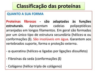 Classificação das proteínas
QUANTO A SUA FORMA
Proteínas fibrosas - são adaptadas às funções
estruturais. Apresentam cadeias polipeptídicas
arranjadas em longos filamentos. Em geral são formadas
por um único tipo de estrutura secundária (hélices-α ou
conformações β). São insolúveis em água. Garantem aos
vertebrados suporte, forma e proteção externa.
- α-queratina (hélices-α ligadas por ligações dissulfeto)
- Fibroínas da seda (conformações β)
- Colágeno (hélice tripla de colágeno)
 