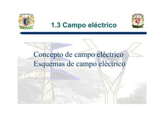 1.3 Campo eléctrico
Concepto de campo eléctricoConcepto de campo eléctrico
Esquemas de campo eléctrico
 