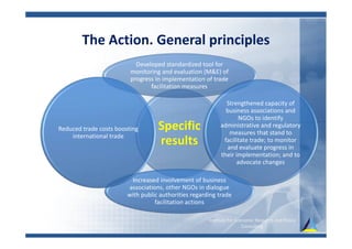 The Action. General principles
Specific
results
Developed standardized tool for
monitoring and evaluation (M&E) of
progress in implementation of trade
facilitation measures
Strengthened capacity of
business associations and
NGOs to identify
administrative and regulatory
measures that stand to
facilitate trade; to monitor
and evaluate progress in
their implementation; and to
advocate changes
Increased involvement of business
associations, other NGOs in dialogue
with public authorities regarding trade
facilitation actions
Reduced trade costs boosting
international trade
Institute for Economic Research and Policy
Consulting
 