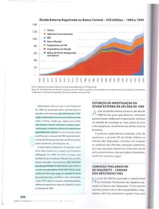 Dívida Externa Registrada no Banco Centrai - US$ bilhões - 1969 a 1994
140
120
100
80
60
40
20
O ^ O i — r '4 r * i'3 - in i1o r '* - o o c j © '— r N n n ^ - i n v O r x o O t T ^ O » — rvjco^j-> C ) r ^ r ^ r ^ r ^ r ^ r ^ - f ^ - r - r ^ i - ^ c c c o c o c o c o o o c o c o c x D c 3 0 c r ' C T » c j N Ov o>
O"' CTt CJn CT. CT> G* <T» O1* CT' <7* OS O' CT' O* Q (J {J Õ QN <J Q Õ>
Fonte: Relatórios Anuais do Sanco Central disportibilizados á CPI da Dívid3.
Nota: Os “Empréstimos em Moeda" indicados em vermelho nt>gráfica correspondem aos empréstimos junto a bancos comerciais,
sendo que a maioria corresponde a bancos privados internacionais.
Interessante observar que a crise financeira
de 1982 foi provocada pelos grandes bancos
privados internacionais, que promoveram a ele­
vação unilateral das taxas de juros internacionais
(Libor e Prime), sendo que, alguns anos antes,
eles mesmos haviam seduzido os países latino-
-americanos, mediante a oferta de empréstimos
aparentemente baratos. A crise financeira abriu
caminho para a atuação do FM! impondo drásti­
cos ajustes fiscais que geraram sacrifícios sociais,
cortes de direitos, privatizações, etc.
É importante estabelecer um paralelo entre
esses fatos históricos e a atual crise financeira
deflagrada em 2008 nos EUA e Europa, que
também foi provocada por atitudes dos grandes
bancos privados internacionais. Eles emitiram
grande quantidade de derivativos sem lastro e
corriam risco de quebra, tendo sido "salvos" pelas
nações do Norte que logo em seguida se viram
em profunda crise. Instalada a crise, novamente
surge o FM!, agora na Europa, impondo políticas
idênticas as que foram impostas à América Latina
na década de 1980.
ESFORÇOS DE INVESTIGAÇÃO DA
DÍVIDA EXTERNA NA DÉCADA DE 1980
A
crise da dívida externa vivida na década de
1980 foi tão grave que diversas comissões
parlamentares dedicaram importantes esforços
no sentido de investigar as reais razões da crise
e do espantoso crescimento da dívida externa
brasileira.
A primeira tarefa técnica realizada a fim de
assessorar a recente CPI da Dívida Pública na
Câmara dos Deputados consistiu em resgatar
os relatórios das referidas comissões anteriores,
pois suas apurações devem ser conhecidas não só
pelos parlamentares, mas por todos os brasileiros,
conforme resumo a seguir:
COMISSÃO PARLAMENTAR
DE INQUÉRITO-CÂMARA
DOS DEPUTADOS/1983
N
o ano de 1984 foi aprovado o relatório final
da Comissão Parlamentar de Inquérito rea­
lizada na Câmara dos Deputados. O documento
apontou graves indícios de irregularidades, ilega­
lidades, além dos previsíveis e graves riscos que
36
Caderno de estudos I A D IV r DA ° ú 6 _ i C A EM U E R A r í
 