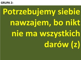 GRUPA 2:
„Wy przeto jesteście Ciałem Chrystusa
i poszczególnymi członkami. I tak ustanowił Bóg w
Kościele naprzód apostołów, po wtóre proroków, po
trzecie nauczycieli, a następnie tych, co mają dar
czynienia cudów, wspierania pomocą, rządzenia oraz
przemawiania rozmaitymi językami. Czyż wszyscy są
apostołami? Czy wszyscy prorokują? Czy wszyscy są
nauczycielami? Czy wszyscy mają dar czynienia
cudów? Czy wszyscy posiadają łaskę uzdrawiania? Czy
wszyscy przemawiają językami? Czy wszyscy potrafią
je tłumaczyd? Lecz wy starajcie się o większe dary: a ja
wam wskażę drogę jeszcze doskonalszą”.
(1 Kor 12,27-31)
Potrzebujemy siebie
nawzajem, bo nikt
nie ma wszystkich
darów (z)
 