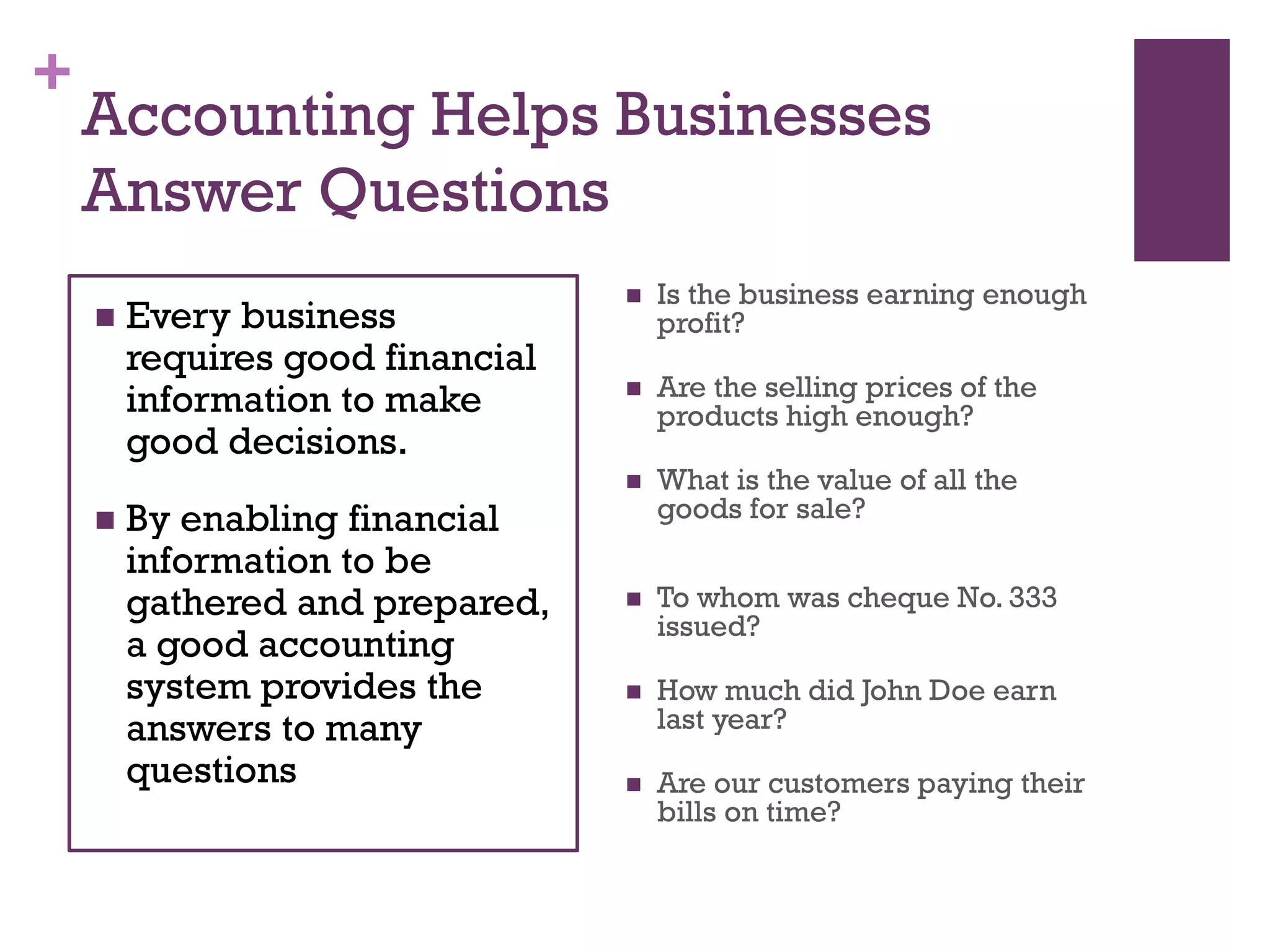 +
Accounting Helps Businesses
Answer Questions
 Is the business earning enough
profit?
 Are the selling prices of the
products high enough?
 What is the value of all the goods
for sale?
 Every business requires
good financial
information to make
good decisions.
 By enabling financial
information to be
gathered and prepared,
a good accounting
system provides the
answers to many
questions
 To whom was cheque No. 333
issued?
 How much did John Doe earn
last year?
 Are our customers paying their
bills on time?
 