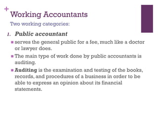 +
Working Accountants
1. Public accountant
 serves the general public for a fee, much like a doctor or
lawyer does.
 The main type of work done by public accountants is
auditing.
 Auditing is the examination and testing of the books,
records, and procedures of a business in order to be able
to express an opinion about its financial statements.
Two working categories:
 
