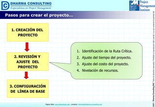 ©2011DharmaConsultingSACTodoslosderechosreservados.Prohibidasureproduccióntotaloparcial,osuusocomercialsinpermisodelautor.
Página Web: www.dharmacon.net , contacto: informes@dharma-consulting.com
Pasos para crear el proyecto…
1. Identificación de la Ruta Crítica.
2. Ajuste del tiempo del proyecto.
3. Ajuste del costo del proyecto.
4. Nivelación de recursos.
1. CREACIÓN DEL
PROYECTO
2. REVISIÓN Y
AJUSTE DEL
PROYECTO
3. CONFIGURACIÓN
DE LÍNEA DE BASE
 