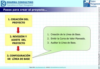 ©2011DharmaConsultingSACTodoslosderechosreservados.Prohibidasureproduccióntotaloparcial,osuusocomercialsinpermisodelautor.
Página Web: www.dharmacon.net , contacto: informes@dharma-consulting.com
Pasos para crear el proyecto…
1. Creación de la Línea de Base.
2. Emitir la Curva de Valor Planeado.
3. Auditar la Línea de Base.
1. CREACIÓN DEL
PROYECTO
2. REVISIÓN Y
AJUSTE DEL
PROYECTO
3. CONFIGURACIÓN
DE LÍNEA DE BASE
 