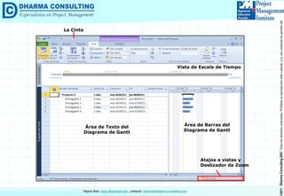 ©2011DharmaConsultingSACTodoslosderechosreservados.Prohibidasureproduccióntotaloparcial,osuusocomercialsinpermisodelautor.
Página Web: www.dharmacon.net , contacto: informes@dharma-consulting.com
Vista de Escala de Tiempo
Área de Barras del
Diagrama de Gantt
Área de Texto del
Diagrama de Gantt
Atajos a vistas y
Deslizador de Zoom
La Cinta
 